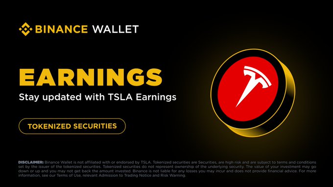 A Binance Wallet promotional banner featuring the Binance logo, "EARNINGS" headline, and "Stay updated with TSLA Earnings" text alongside a circular icon combining Tesla's logo with a pickaxe, promoting tokenized TSLA securities ($TSLAB and $TSLAon) for trading ahead of Tesla's Q2 earnings report.