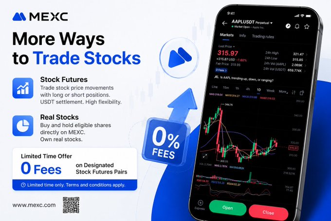 A MEXC cryptocurrency exchange advertisement promoting 'More Ways to Trade Stocks' with 0% fees on Stock Futures and Real Stocks, showing a phone displaying the AAPL/USDT trading pair chart.