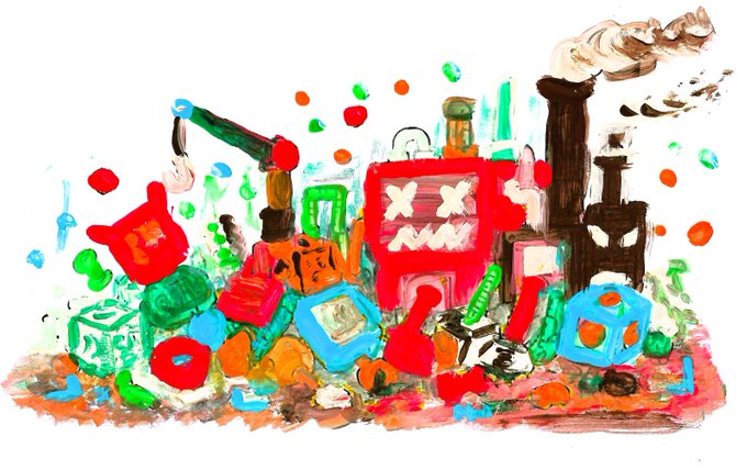 A colorful painted illustration depicting a chaotic scene of toy blocks, dice, and toy figures, including a red block with 'XX' eyes and an industrial smokestack against a white background.