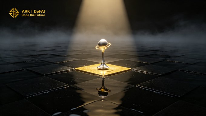 A gleaming golden chess pawn-like piece stands on a highlighted square atop a dark, smoky chessboard, illuminated by a single spotlight—symbolizing a pivotal first move. The logo in the corner reads "ARK | DeFAI - Code the Future," tying the imagery to the post's message about how one decisive action with the Arkie AI App can ignite the ARK ecosystem.