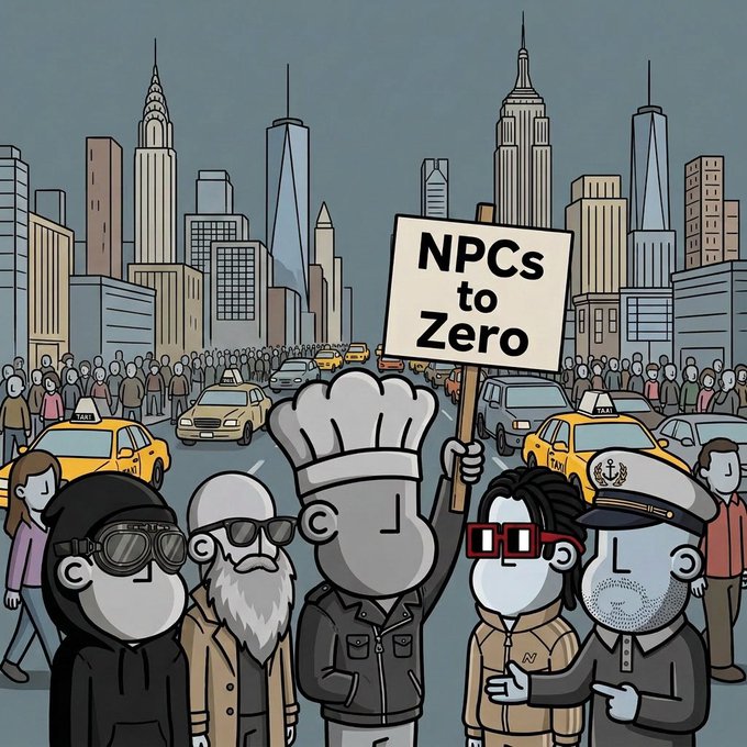 The image features a group of cartoon characters standing together with signs that say "NPCC TO ZERO". The characters are dressed in various outfits, including hats and ties, which adds a playful and artistic touch to their protest message. The scene takes place on a busy street filled with cars and pedestrians, indicating the urban setting where they have gathered for this demonstration.