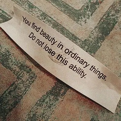 A fortune cookie paper opened to reveal the message: 'You find beauty in ordinary things. Do not lose this ability.'