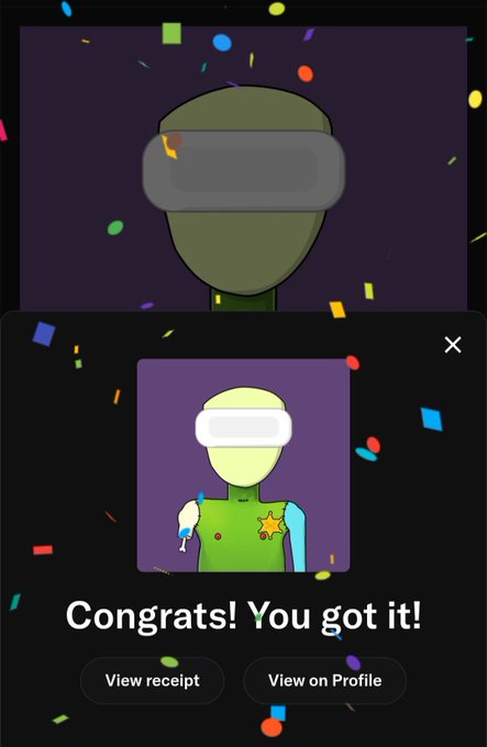 A VR avatar receives a digital congratulatory message reading 'Congrats! You got it!' with buttons to 'View receipt' and 'View on Profile' against a confetti background.
