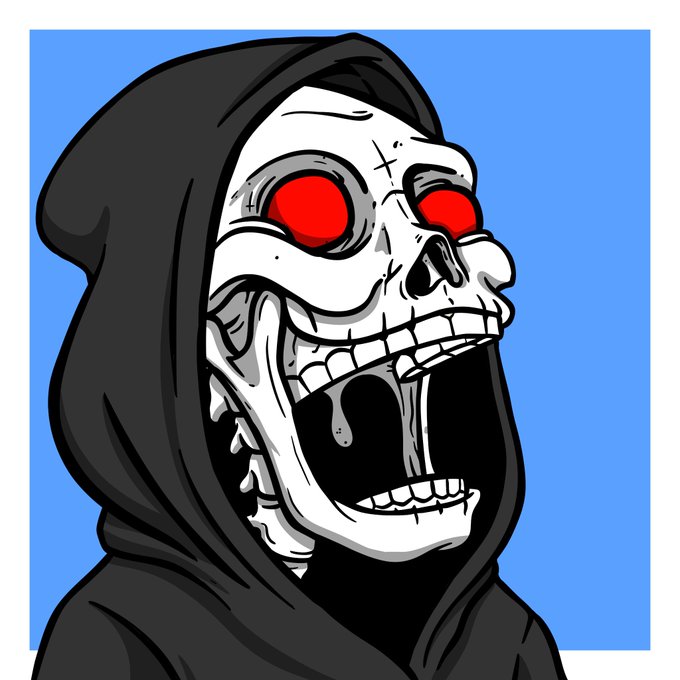 A cartoon illustration of a skeletal grim reaper with red eyes and an open mouth against a blue background.