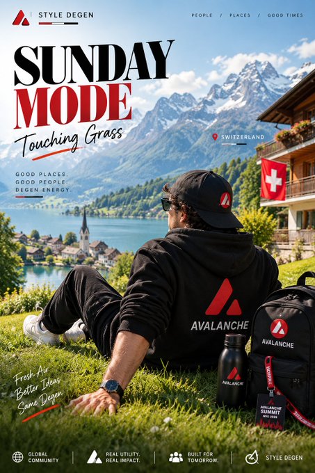 A magazine cover titled 'SUNDAY MODE - Touching Grass' featuring a person in AVALANCHE branded clothing sitting on grass overlooking a Swiss lake and mountains.