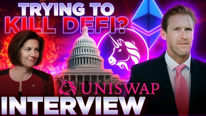A YouTube thumbnail featuring Senator Cynthia Lummis on the left and Hayden Adams of Uniswap on the right, set against a fiery Capitol building backdrop with Ethereum and Uniswap logos, titled "TRYING TO KILL DEFI? UNISWAP INTERVIEW" promoting the linked video discussing regulatory threats to decentralized finance with $UNI, $ETH, and $HOOD tags.