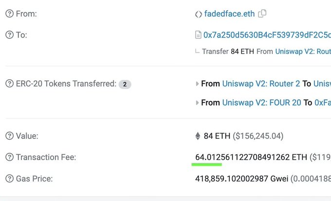 An Ethereum transaction record showing transfer of 84 ETH ($156,245.04) from 'fadedface.eth' to address starting '0x7a250d5630B4cF539739dF2C5d' via Uniswap V2 Router, with a transaction fee of 64.01256 ETH.
