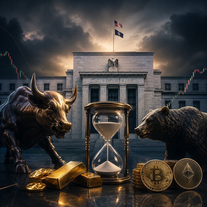 The image features a bull statue with horns, a bear statue, and a gold hourglass sitting next to each other. The scene also includes a bunch of Bitcoins and some coins scattered around them. In the background, there are two bulls facing each other in front of an American flag building, which is likely the US Federal Reserve Bank of New York.

The image seems to be related to the post about the US Federal Reserve keeping interest rates unchanged as expected. The bull statues could represent the Fed's bulls, while the bear statue symbolizes the bears or the market fluctuations. The gold hourglass and Bitcoins might signify economic trends or the value of money over time.
