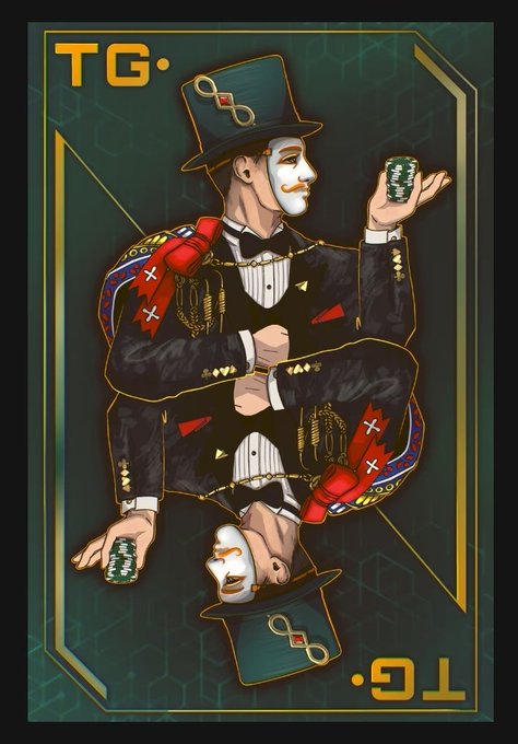 A symmetrical, mirrored illustration of a tuxedoed gambler wearing a white mask and top hat while holding stacks of poker chips, marked with "TG" initials in both the top-left and bottom-right corners, representing the TG.Casino High Roller NFT that grants exclusive perks like higher rakeback, crypto cashback, and seasonal rewards.