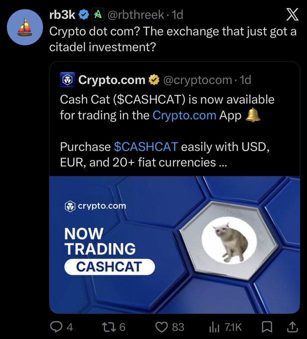 This screenshot shows a tweet from @rb3k questioning if Crypto.com, which is now trading $CASHCAT, also received a citadel investment. The image includes a Crypto.com announcement that $CASHCAT is available for trading.