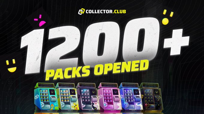 The promotional graphic from Collector.Club features bold "1200+ PACKS OPENED" text alongside a colorful lineup of their digital pack-opening kiosk machines, visually celebrating the milestone mentioned in the post. The dark background with playful emoticon accents reinforces the achievement of surpassing 1,200 packs opened on the platform.