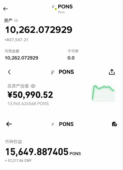 A cryptocurrency wallet interface showing PONS token balances, with a total asset value of ¥50,990.52 (13,945.624568 PONS) and a coin equity of 15,649.887405 PONS (approximately ¥57,217.84 CNY).