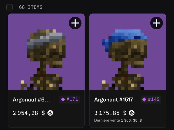 The image shows an NFT marketplace displaying two "Argonaut" pixel-art collectibles priced at 2,954.28 USD (#171) and 3,175.85 USD (#149) from a collection of 68 items. The post humorously jokes about hodling obscure NFTs without fully understanding them, comparing them to the similarly cryptic early CryptoPunks.