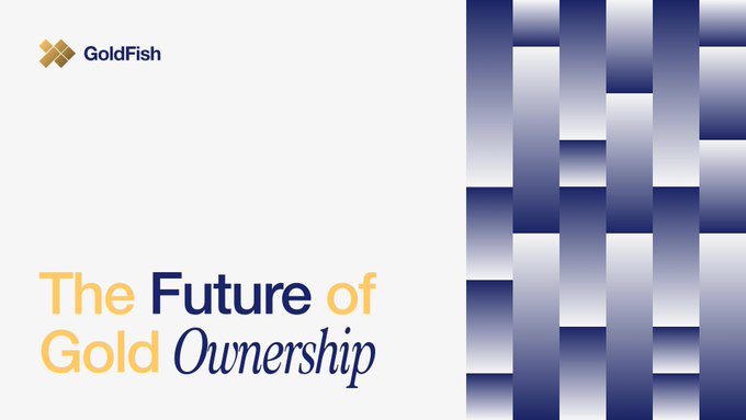 The image is a branded graphic for GoldFish featuring a woven pattern of metallic silver and navy blue bands on the right, with the GoldFish logo in the upper left and the tagline "The Future of Gold Ownership" prominently displayed on the left side, visually reinforcing the post's message about offering a sustainable, non-extractive alternative to traditional gold mining.