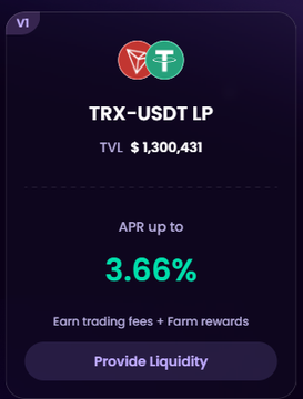 The image displays a liquidity pool card for the TRX–USDT pair, showing a TVL of $1,300,431 and an APR of up to 3.66%, with options to earn trading fees and farm rewards. The accompanying post explains that providing liquidity differs from single-asset staking, as liquidity providers must supply two assets to the pool and earn returns from trading activity within that pool.