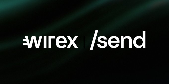 The image displays the "wirex | /send" logo in white text against a dark green gradient background, visually representing the partnership announced between Wirex and Send for their Send Cards initiative.