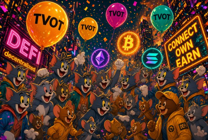A vibrant, cartoon-style illustration featuring a crowd of Tom and Jerry characters celebrating with balloons displaying "TVOT," surrounded by crypto symbols (Bitcoin, Ethereum, Solana), a neon "DEFI decentralized" sign, and a "CONNECT OWN EARN" billboard.