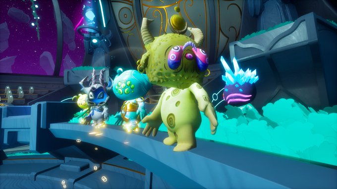 Colorful video game scene featuring several whimsical alien-like characters on a futuristic platform with neon blue lighting.