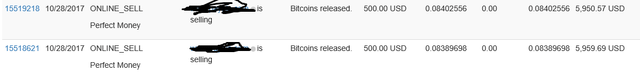 The image shows a screenshot from a bank or finance website displaying two rows of transactions for Bitcoin purchases. One row has four transactions with numbers and text representing various amounts spent, while the other row has three transactions. The table also includes additional columns labeled "Seller", "Sell Date", and " Bitcoins Sold". The image is related to the post where a person mentioned that they bought Bitcoins in the year of 2017 at a rate of $5,959.