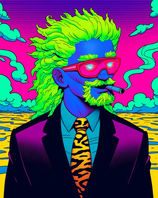 A vibrant, stylized illustration of a blue-skinned man with neon green hair and beard, wearing red glasses and a tiger-striped tie.