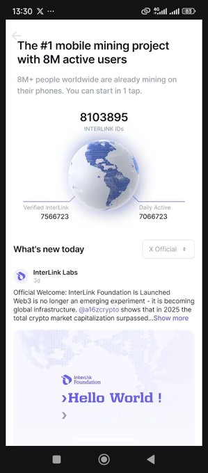 A mobile app screen advertises 'The #1 mobile mining project with 8M active users' from InterLink Foundation, showing 8,103,895 InterLink IDs, 756,723 verified users, 706,723 daily active users, and a 'Hello World!' announcement.