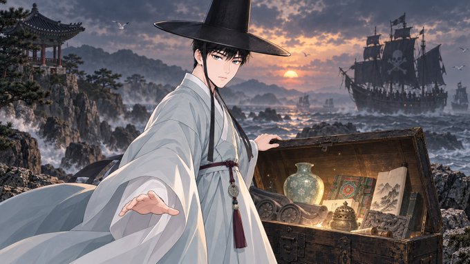 Anime-style artwork depicts a young man in white traditional Korean hanbok and a black gat hat, gesturing toward an open treasure chest filled with artifacts, with a pirate ship on the ocean and a pavilion on a cliff in the background at sunset.