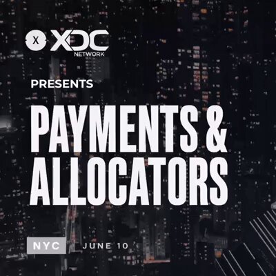 The image features a city skyline at night with buildings lit up against the dark sky. The text "New York, let's talk about the future of institutional money movement" is displayed above the scene. Below this, there are two lines of white text that read "Payments & Allocators NYC". This suggests that the event might be related to payments and allocating services in New York City or a similar urban setting.