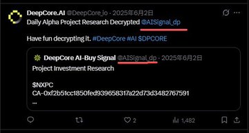 A tweet from DeepCore_AI dated 2025年6月2日 announces a "Daily Alpha Project Research Decrypted" post tagged $AI Signal.dp, sharing a "Buy Signal" project investment research with the ticker $NXPC and contract address CA: 0x...9b75b91, which appears unrelated to the referenced $KOLI token.