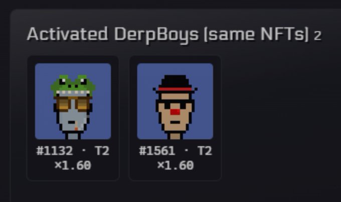 The image displays two DerpBoys NFTs (#1132 and #1561) both upgraded to Tier 2 (T2) with a x1.60 multiplier, showcasing the "Activated DerpBoys (same NFTs)" achievement referenced in the post about stacking $DERP and $ETH rewards.
