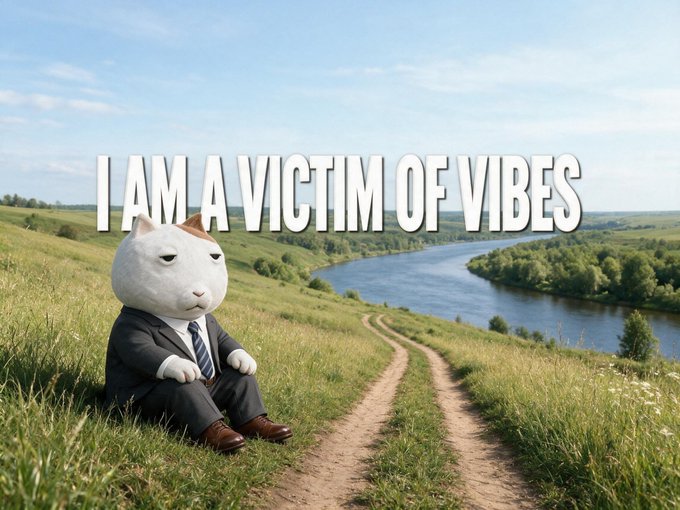 A meme features a white cat in a business suit sitting in a grassy landscape with a river, overlaid with the text 'I AM A VICTIM OF VIBES'.