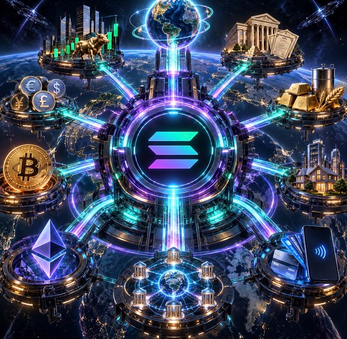 A futuristic cosmic visualization features a central Solana logo surrounded by a network of connected nodes representing global markets—including Bitcoin, Ethereum, gold bars, currency symbols (€, $, ¥, £), stock charts, a bull, real estate, banking, and mobile payments—all linked by glowing beams over Earth. The image visually embodies Yakovenko's vision of a unified "giant state machine" connecting every asset and participant across the global financial system.