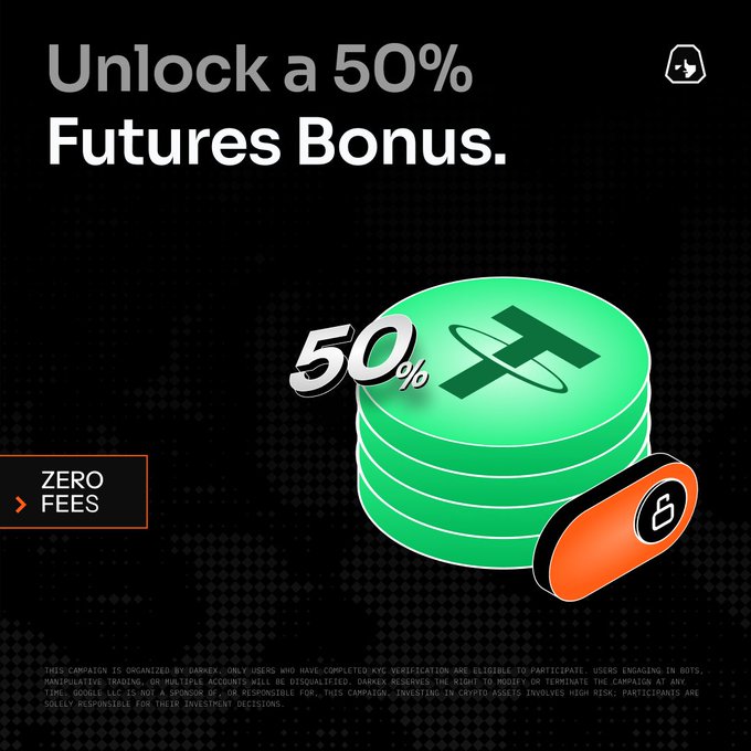 The image is a promotional graphic featuring the text "Unlock a 50% Futures Bonus" alongside an illustration of green tokens marked "50%" and a "ZERO FEES" badge, reinforcing the post's call to action by visually highlighting the bonus offer and the no-fee incentive for new users completing their first deposit on DarKex.