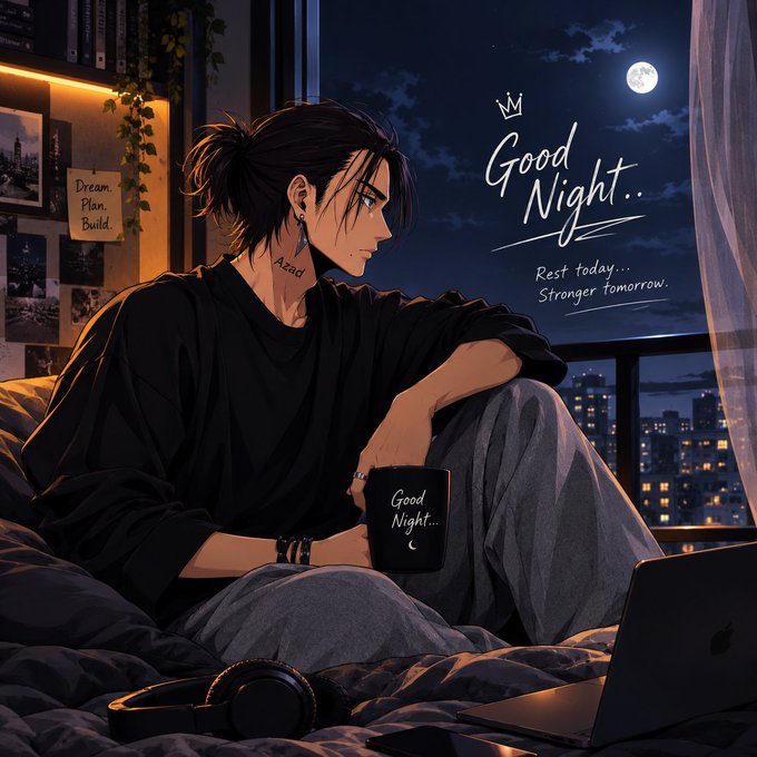 An anime-style illustration shows a young man with dark hair and an ear piercing sitting by a window at night with a mug that reads "Good Night," alongside text saying "Good Night.. Rest today... Stronger tomorrow."
