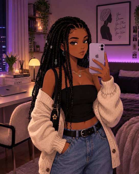 A stylized digital illustration of a dark-skinned woman with long braided hair taking a mirror selfie in a purple-lit bedroom.