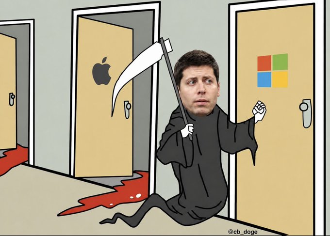 A cartoon depiction of Sam Altman dressed as the Grim Reaper, holding a scythe, stands between an Apple-branded door and a Microsoft-branded door, with blood trailing behind him—satirizing the post's claim that "Scam Altman is inevitable" as he looms over both tech giants. The watermark "@cb_doge" appears in the bottom right corner.