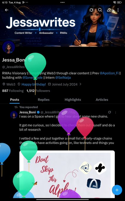 A screenshot of an X/Twitter profile for Jessa Boni (@JessaWrites), a Content Writer and Ambassador for RWAs, showing a birthday post and a pinned article titled 'Don't Skip This Alpha!' decorated with balloon emojis.