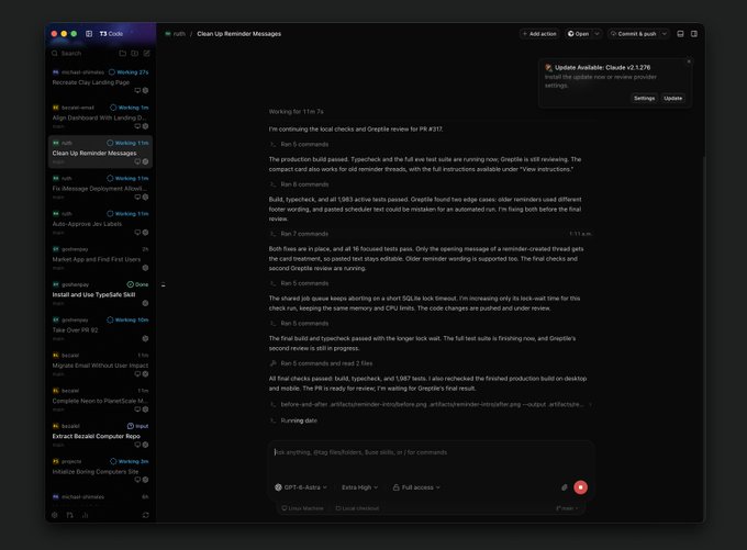 A screenshot of the T3 Code application showing a chat interface titled 'Clean Up Reminder Messages' with AI responses and a sidebar list of chats.