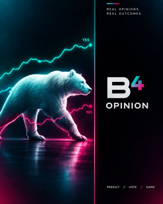 An advertisement for 'B4 OPINION' featuring a polar bear walking between neon cyan 'YES' and magenta 'NO' trend lines, with the tagline 'REAL OPINIONS. REAL OUTCOMES.' and 'PREDICT / VOTE / EARN' at the bottom.
