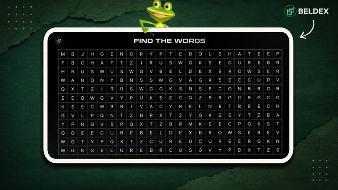 A Beldex-branded 'Find the Words' word search puzzle featuring words like 'CRYPTO' and 'SECURE' on a dark green background with a frog mascot.