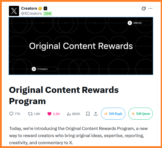 A screenshot of an X post from @XCreators announcing the 'Original Content Rewards Program' to reward creators for posting original content.