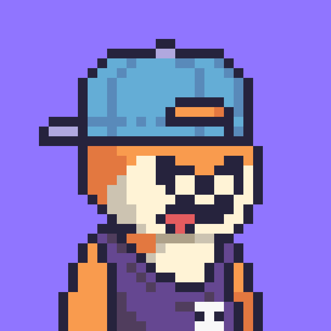 A pixel art character portrait of a person wearing a blue baseball cap and an orange and purple jacket against a purple background.