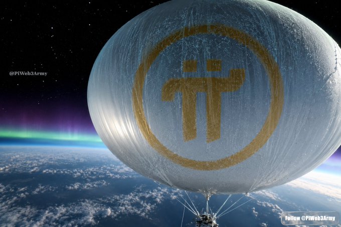 A digital artwork showing a transparent spherical balloon with a gold Pi (π) cryptocurrency logo floating above Earth in space, watermarked with '@PiWeb3Army' and 'follow @PiWeb3Army'.