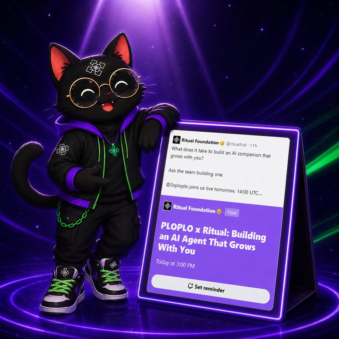 A black cat mascot in a tech-styled outfit stands next to a neon-lit display showcasing a Twitter post from "Ritual Foundation" (@ritualfnd) about "PLOPLO x Ritual: Building an AI Agent That Grows With You" at 3:00 PM, visually promoting the partnership highlighted in the post about adaptive AI companions.