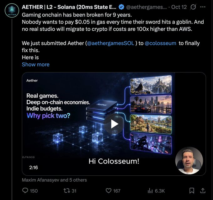 An X/Twitter post from 'AETHER | L2 - Solana (20ms State E…) @aethergames…' discussing on-chain gaming costs, featuring a video preview of 'Aether' games and a small photo of a man with the caption 'Hi Colosseum!'.