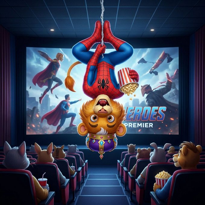 A cartoon illustration shows a superhero lion character hanging upside down from a web like Spider-Man inside a movie theater, while other animal characters watch a superhero film and eat popcorn.