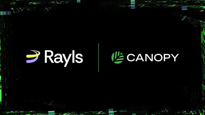 Rayls and CANOPY logos are shown side by side, highlighting their partnership. The post announces a collaboration to run community growth and education campaigns around Canopy’s infrastructure for bringing enterprise and developer onchain products to market faster.