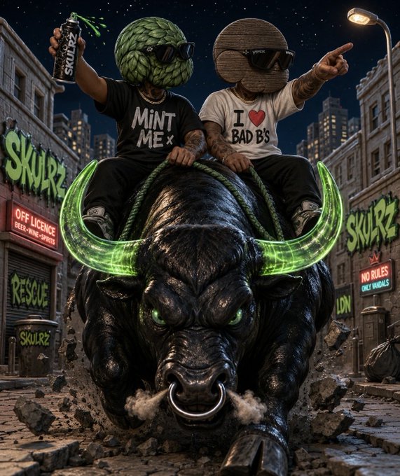 Two figures with apple and wooden-disc heads wearing shirts reading 'MINT ME' and 'I ❤ BAD B'S' ride a glowing-horned black bull through a gritty city street with 'SKULRZ' graffiti.