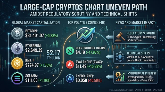 An infographic titled 'LARGE-CAP CRYPTOS CHART UNEVEN PATH' showing market data: Bitcoin $81,401.07 (+0.38%), Ethereum $2,649.39, BNB $774.97 (+1.76%), Solana $111.63 (+1.16%), with top volatile coins Near Protocol +17.97%, Avalanche +15.39%, and Akedo -10.59%.
