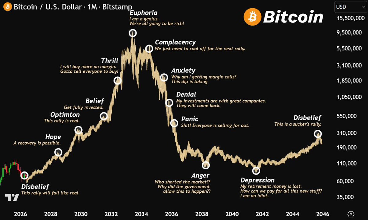 The image is a screenshot of a Bitcoin price chart, specifically depicting a graph showing the daily fluctuations in Bitcoin value over time. The chart shows peaks representing periods of high Bitcoin value and troughs signifying low Bitcoin prices. At the bottom of the image, there are text elements providing information about Bitcoin and market trends. In this case, the text reads "Bitcoin / U.S. Dollar 1:1 Bitstamp Emphoria Denial".