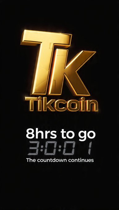 A promotional countdown image for "Tikcoin" featuring a stylized gold "TK" logo, displaying "8hrs to go" with a digital timer showing "3:00:01" and the caption "The countdown continues," aligning with the post's anticipation of the Tikwallet release within 8 hours.